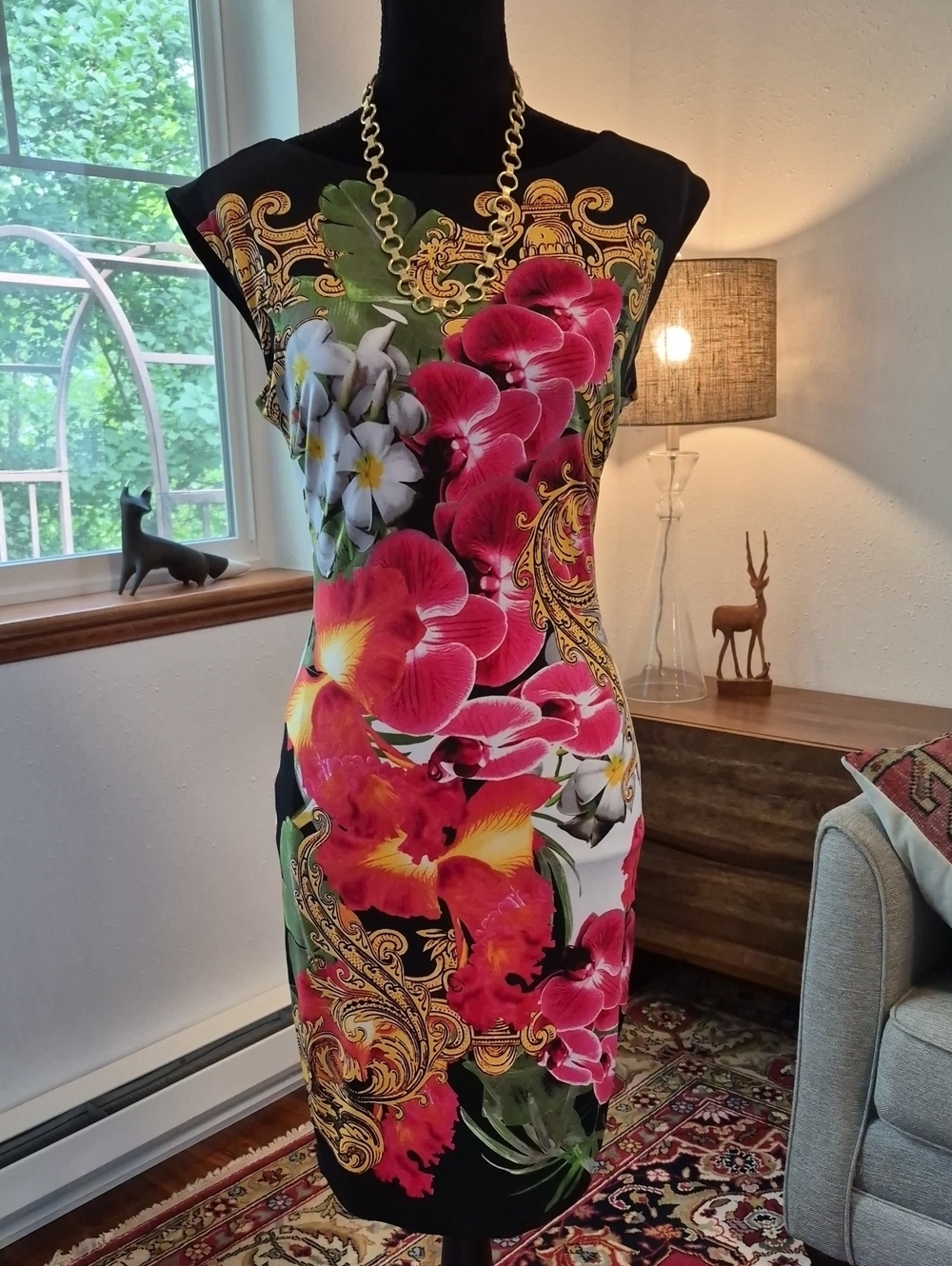 CACHE Y2K Tropical Body Con Spandex Sheath Dress Small NWT